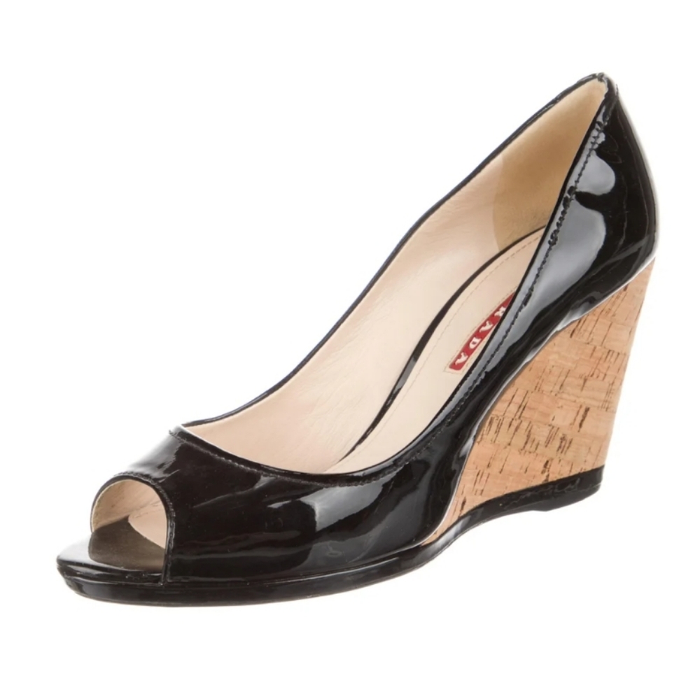 Prada Black Patent Peep Toe Cork Wedge Pumps Size 8